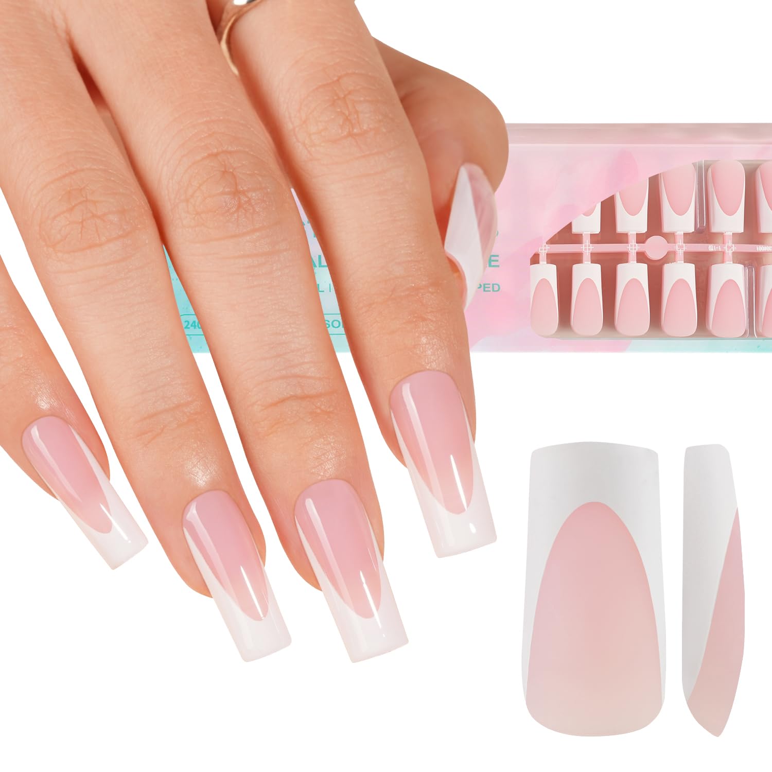 Misssix French Gel Nail Tips, 240Pcs French Tip Press on Nails Long Square Pink, No Need to File Tips Pre-lasting, Fake Nails for Nail Art DIY 15 Sizes